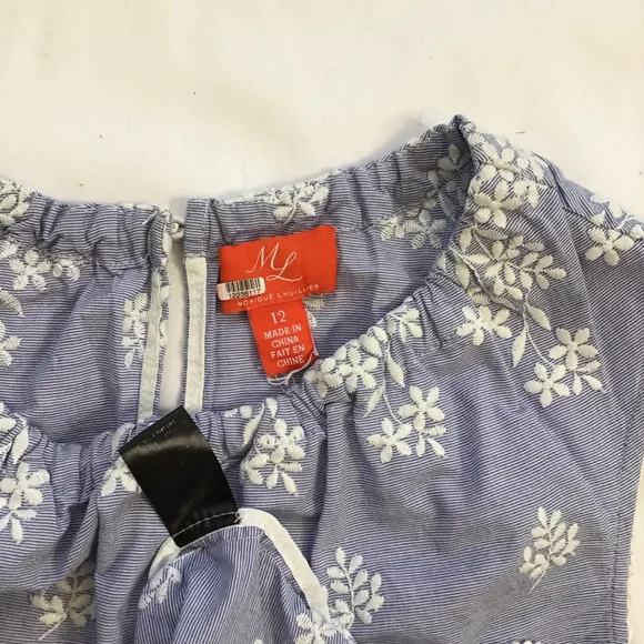 Monique Lhuillier Women EleganyBlue & White Embroidered Sleeveless Dress Size 12 - Picture 12 of 12